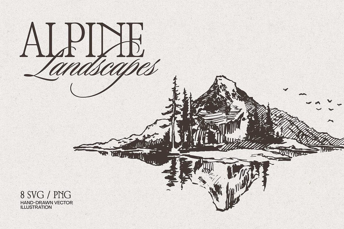 Mountain Landscape Engraving Set, a Seasonal Illustration by TheMountBirdStudio (Photo 1 of 9)