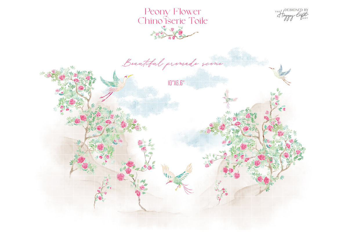 Peony chinoiserie toile cliparts, a Decorative Illustration by TheHappyGiftArt (Photo 6 of 11)