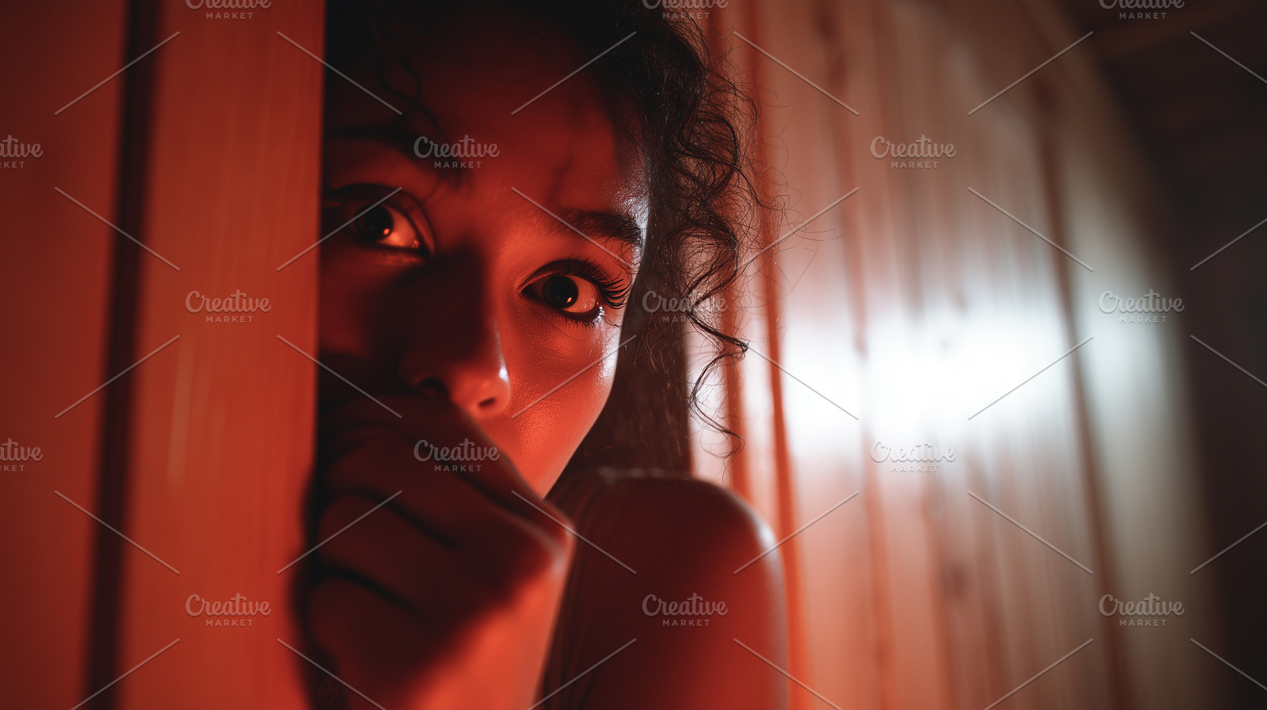 Frightened woman hides in a room, a Person Photo by MistyDay
