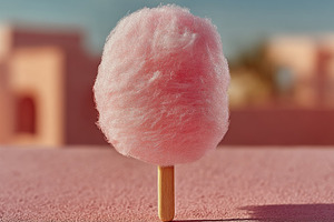 Fluffy pink cotton candy on a wooden stick standing on a texture, a Holiday Photo by José Manuel Gelpi