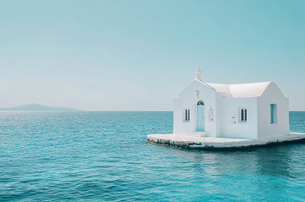 White Greek church by the turquoise, a Photo by Iftikhar Alam