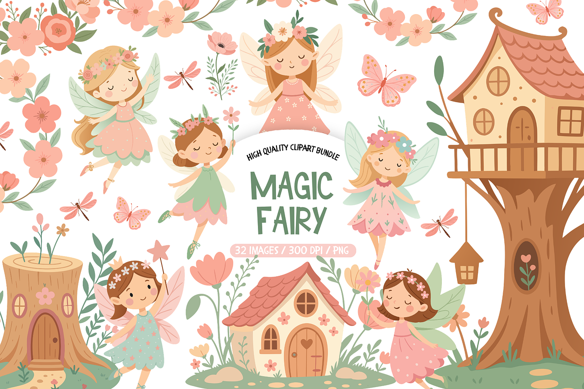 Whimsical Fairies Clipart Bundle, an Object Illustration by TatiMockup