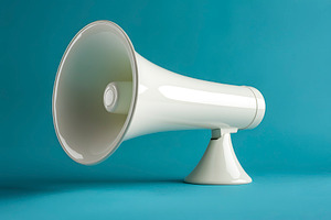 white megaphone on blue background, generative AI, a Photo by Nito