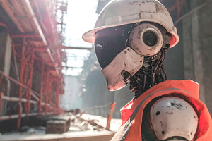 Robot worker wearing helmet on busy construction site, a Technology Photo by GoodGoods