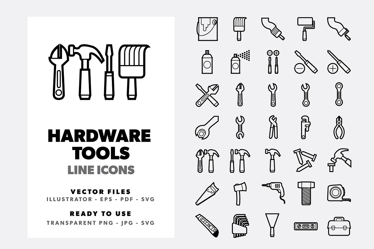 35 Hardware Tools Line Icons Set, an Icon by doghead (Photo 1 of 3)