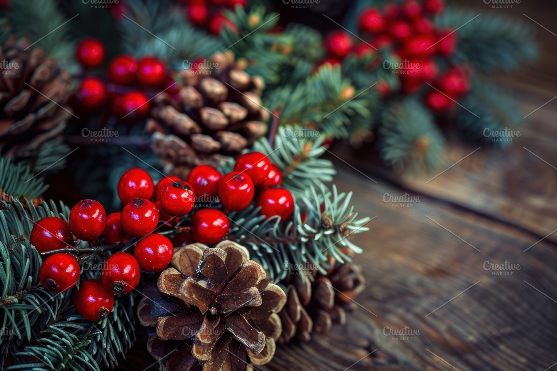 Closeup of festive Christmas wreath with red berries and pinecones on rustic wo, an Industrial Photo by José Manuel Gelpi