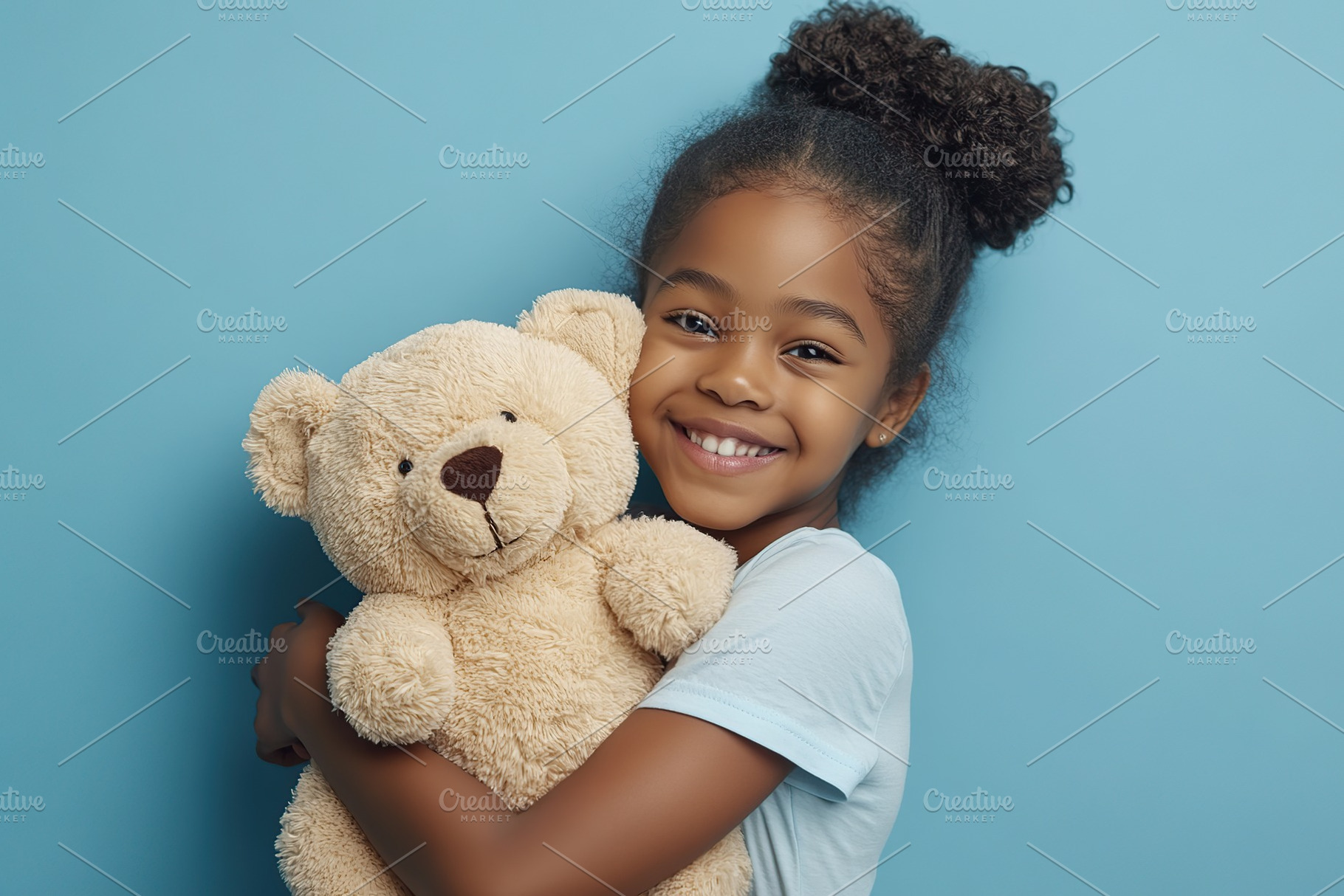 Old African girl embracing a plush teddy bear while smiling joyfully in a blue, a Person Photo by AlyaAnd