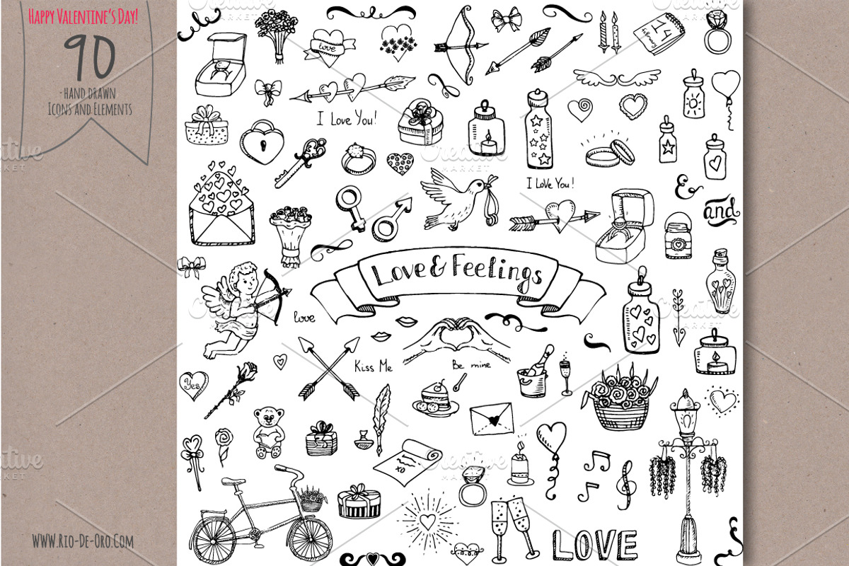 90 Hand drawn Love Elements&Symbols preview 4
