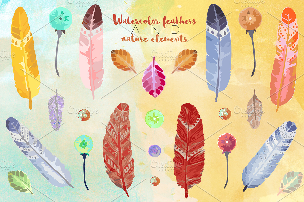 Watercolor Vector Feathers, an Illustration by Bugcessories