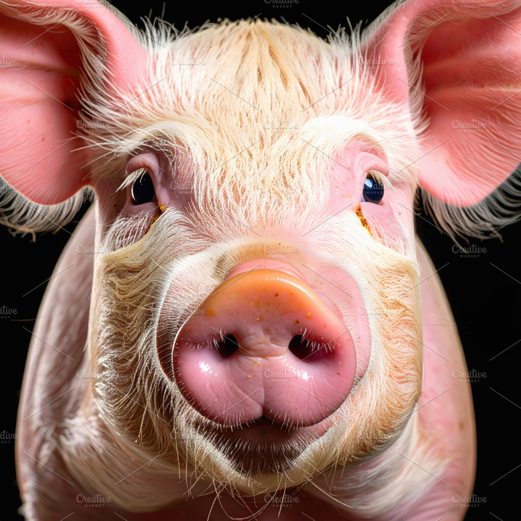 Pink piglet close portrait with expressive eyes and snout, an Animal Photo by GoodGoods