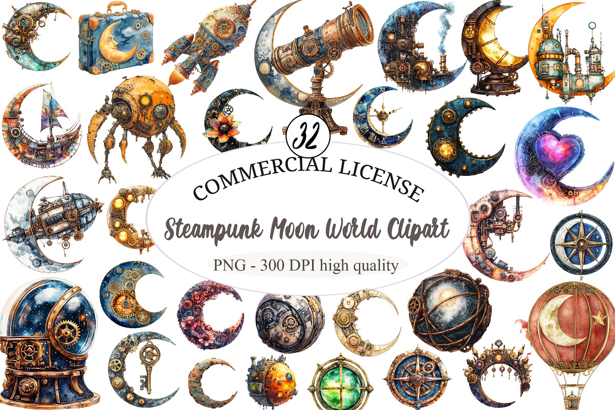 Steampunk Moon World Clipart, an Illustration by designcity5 (Photo 1 of 5)
