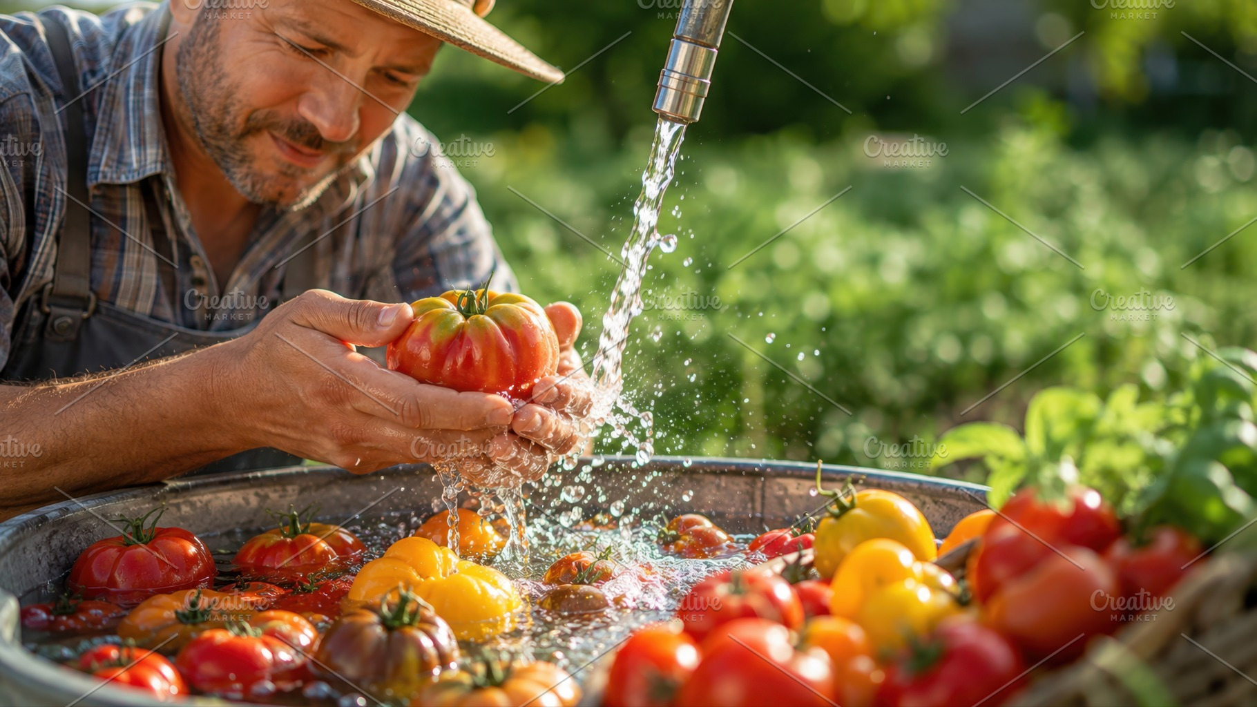 Gardener washing tomatoes, a Photo by Beautiful things