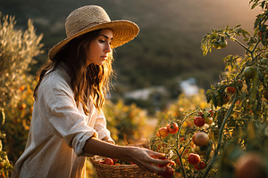 Young woman in straw hat harvesting, a Nature Photo by MistyDay