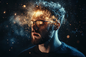 A cognitive psychologist man with glasses appears to have a galaxy or cosmic sc, a Person Photo by Textures & Backgrounds