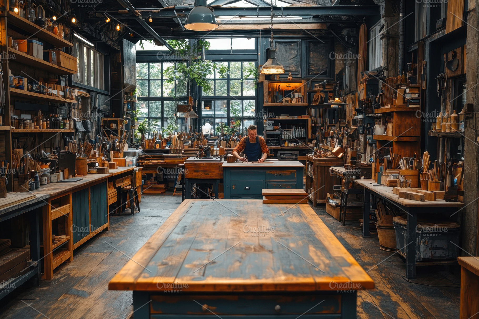 Craftsman working in a spacious wood, a Photo by Tanuart