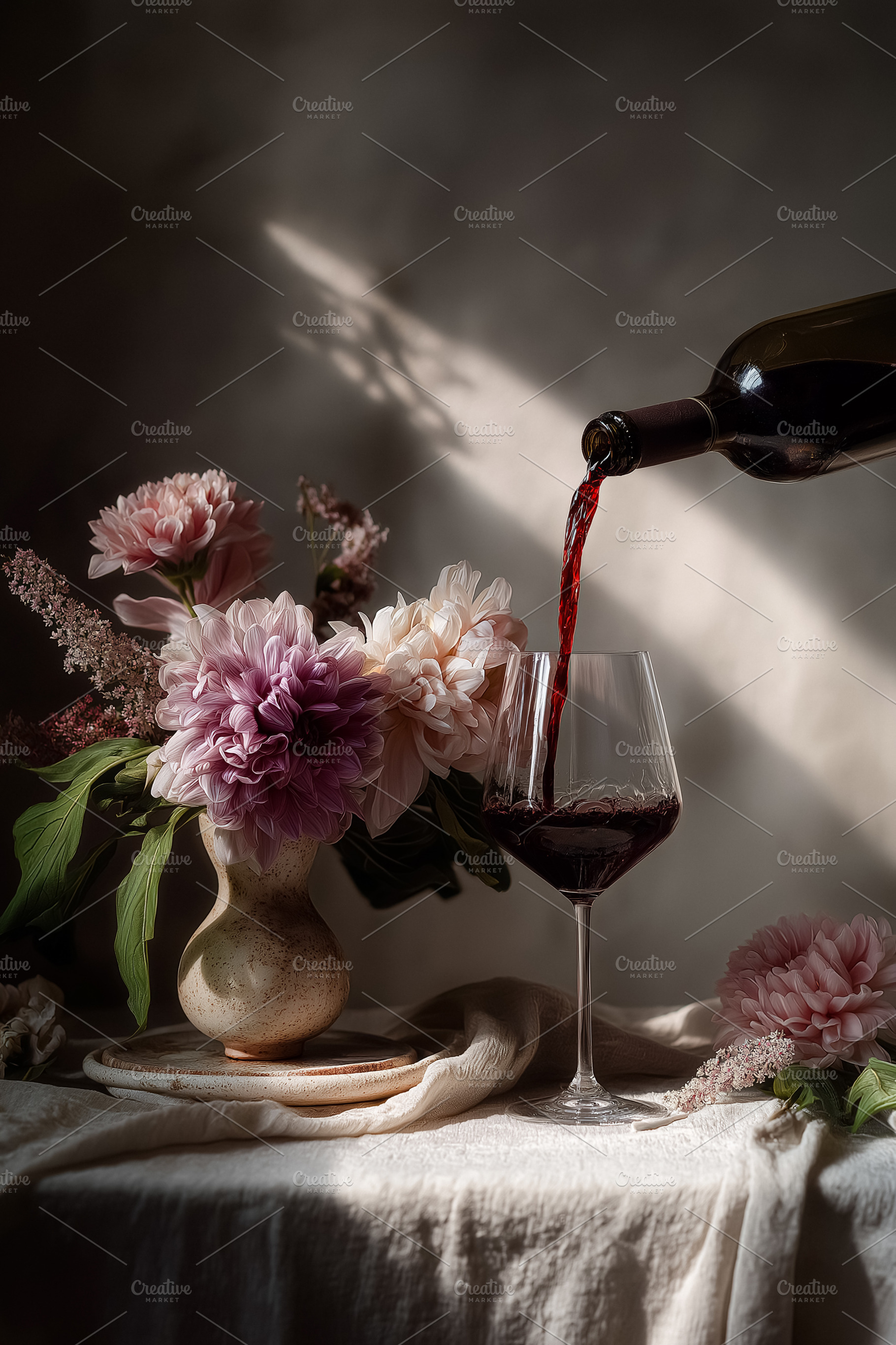 Pouring red wine into a glass on a table with a flower arrangement, creating a, a Food & Drink Photo by Studio ANNA