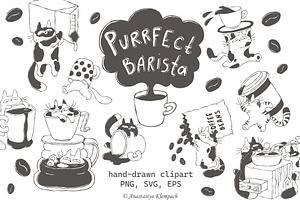 Purrfect Barista Hand Drawn Clipart, an Illustration by Anastasiya Klempach