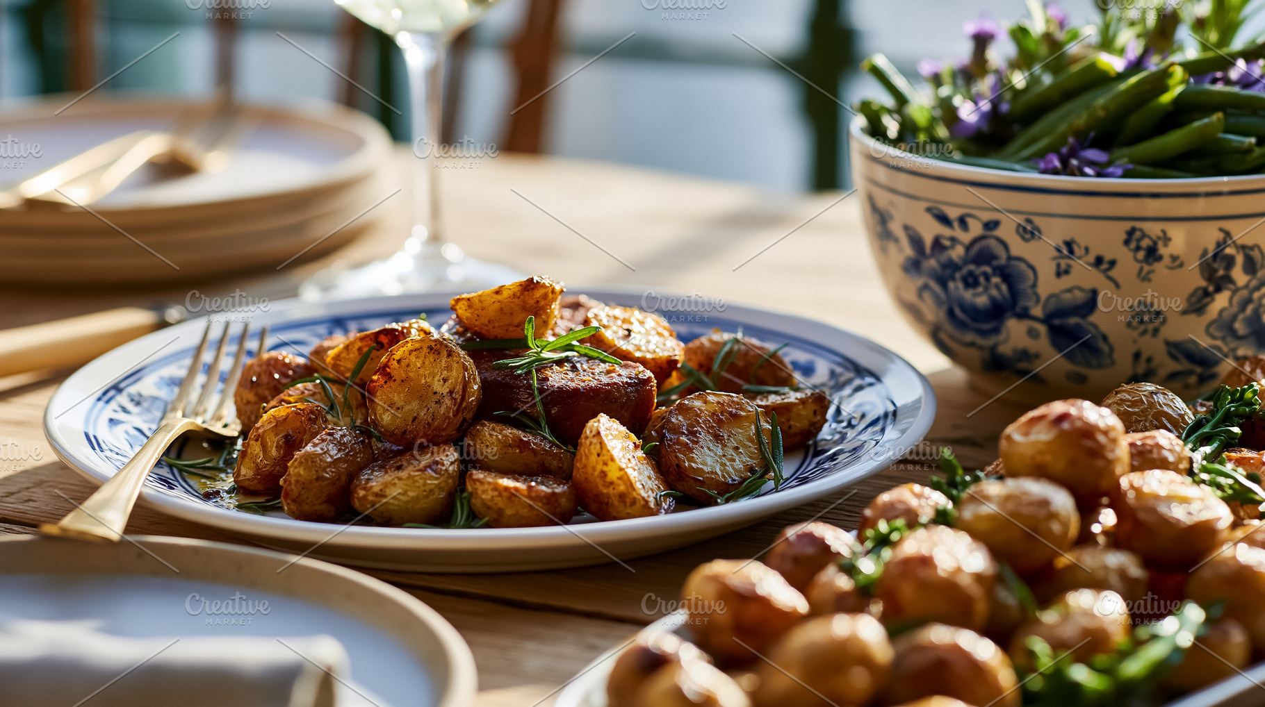 Delicious roasted potatoes and grilled meat with rosemary, warm light for an ou, a Photo by Studio ANNA