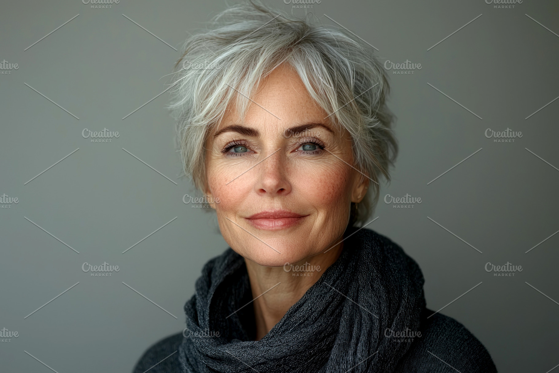 Confident mature woman with gray hair smiling softly in minimali, a Person Photo by José Manuel Gelpi