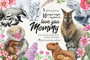 Watercolor Mom and Baby Animals