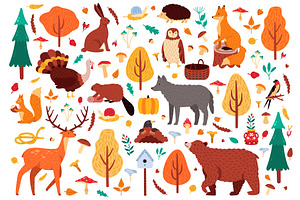 Autumn Cute Animals. Wild Hand Drawn