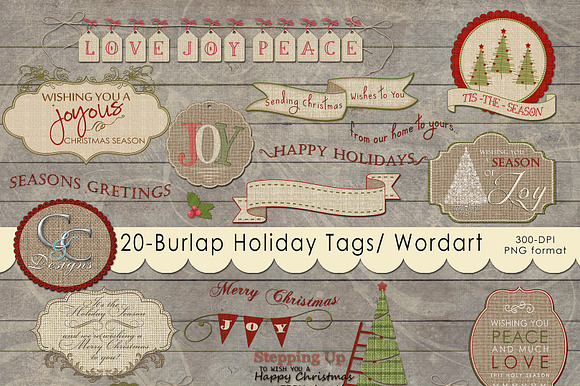 20 Burlap Holiday Tags- Word Art preview 5