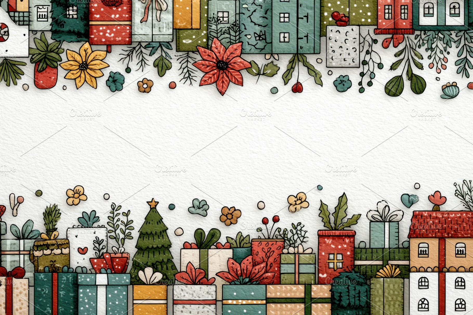 Festive Christmas border with colorful gifts, plants, houses, po, a Nature Photo by José Manuel Gelpi