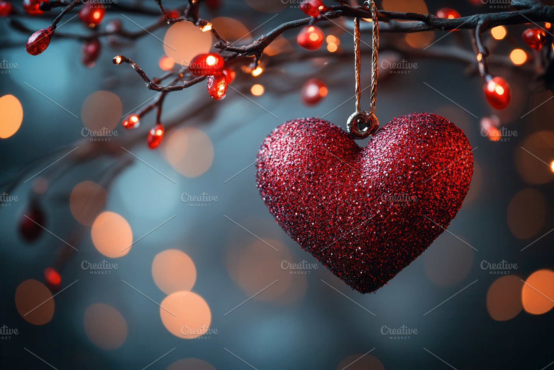Red glitter heart ornament hanging f, a Photo by Tanuart