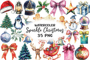 Watercolor Sparkle Christmas Clipart, an Illustration by CraftArtStudio