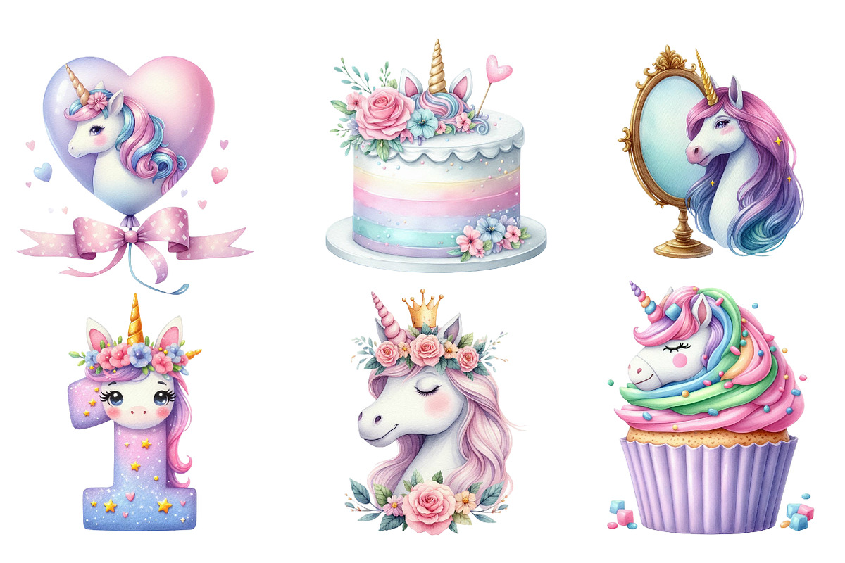 Watercolor Unicorn Birthday PNG, an Illustration by SinaCreation (Photo 3 of 5)