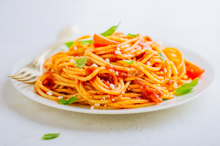 Italian pasta with tomato sauce containing pasta, dish, and food, a Food & Drink Photo by Valeria Art