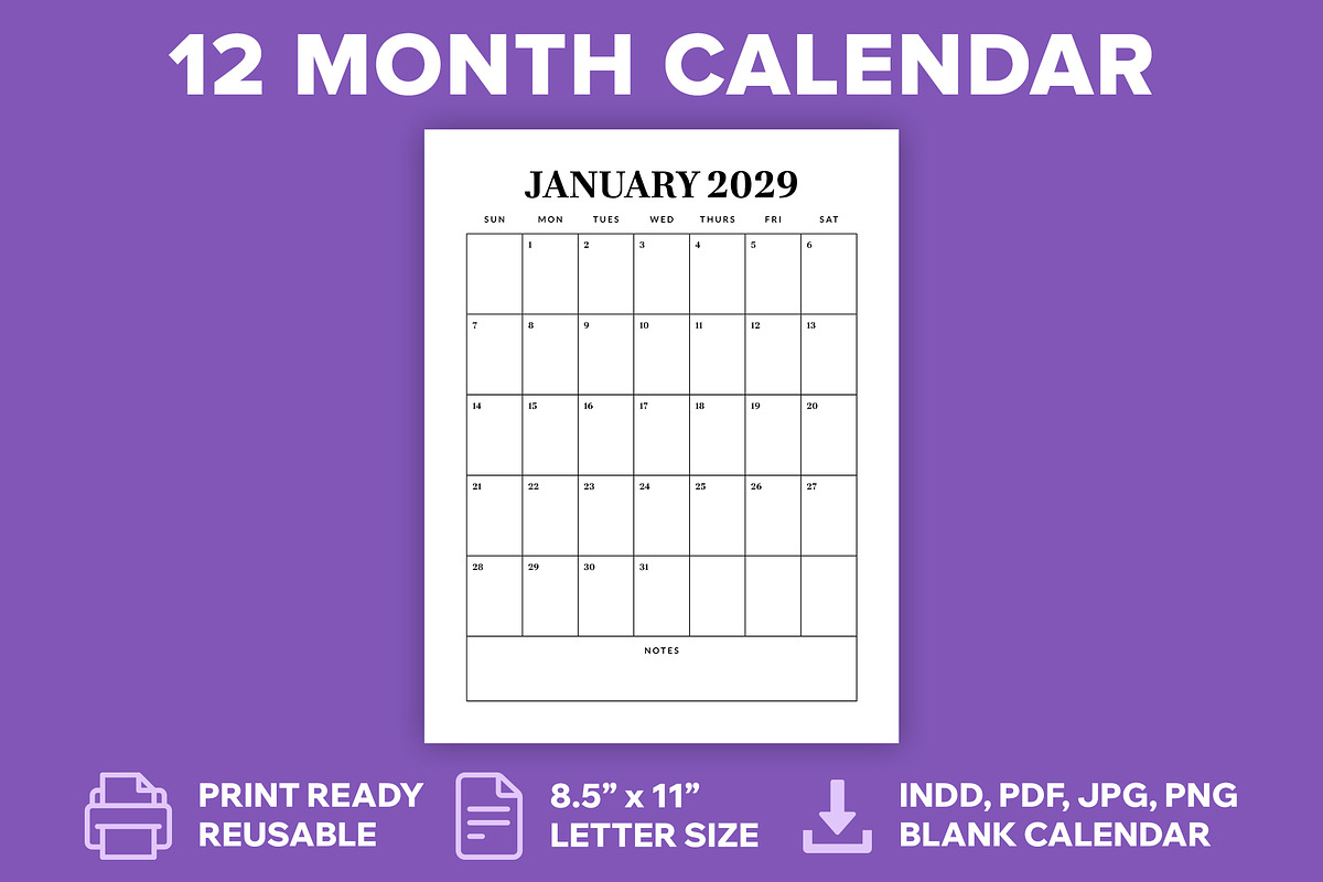 2029 Vertical 8.5x11 Inch Calendar, a Stationery Template by Running With Foxes (Photo 1 of 5)