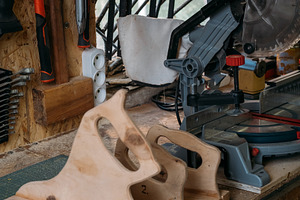 Carpentry workbench tool storage miter saw wooden, an Industrial Photo by Photo Drive Studio
