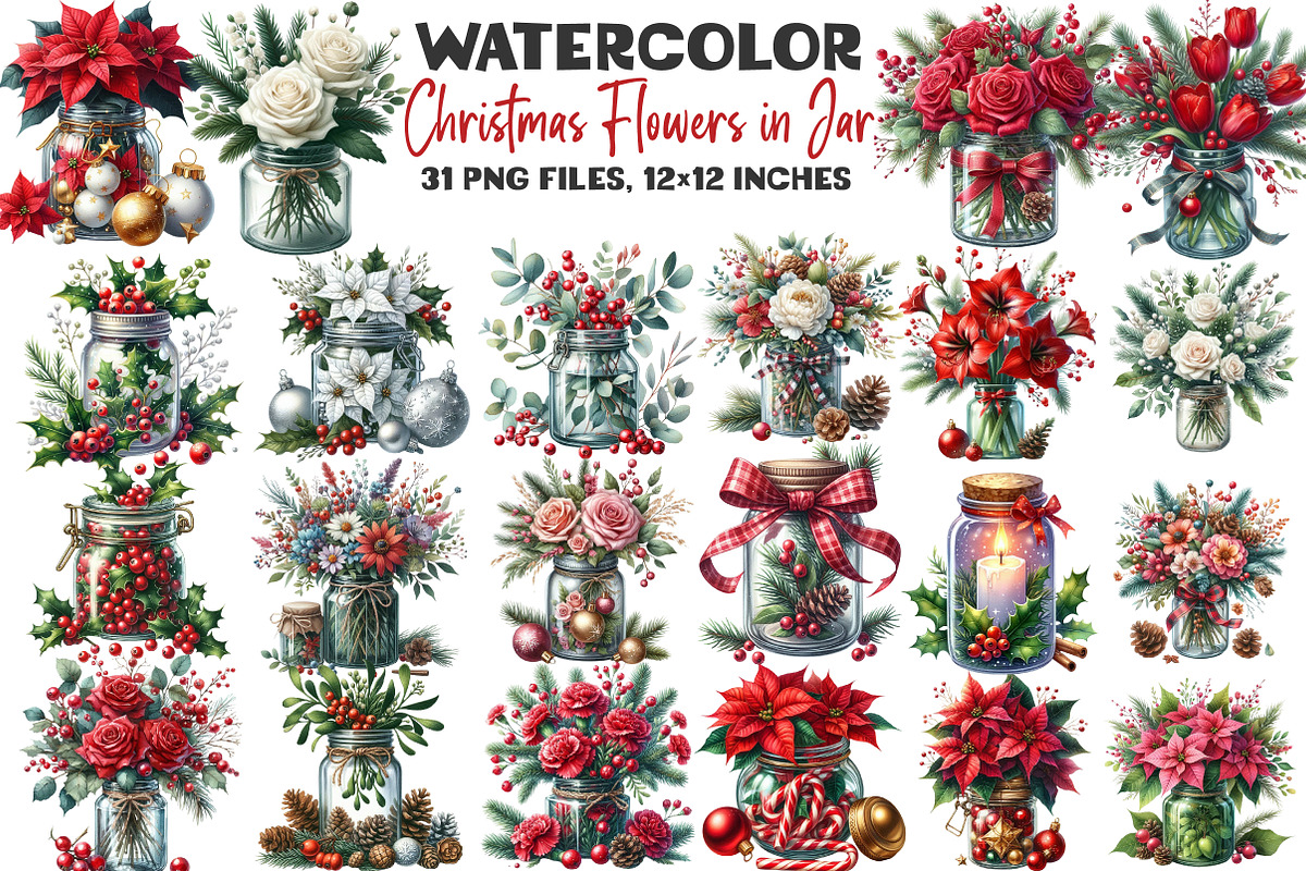 Christmas Flowers in Jar Clipart, an Illustration by DreamArtGraphic (Photo 1 of 5)