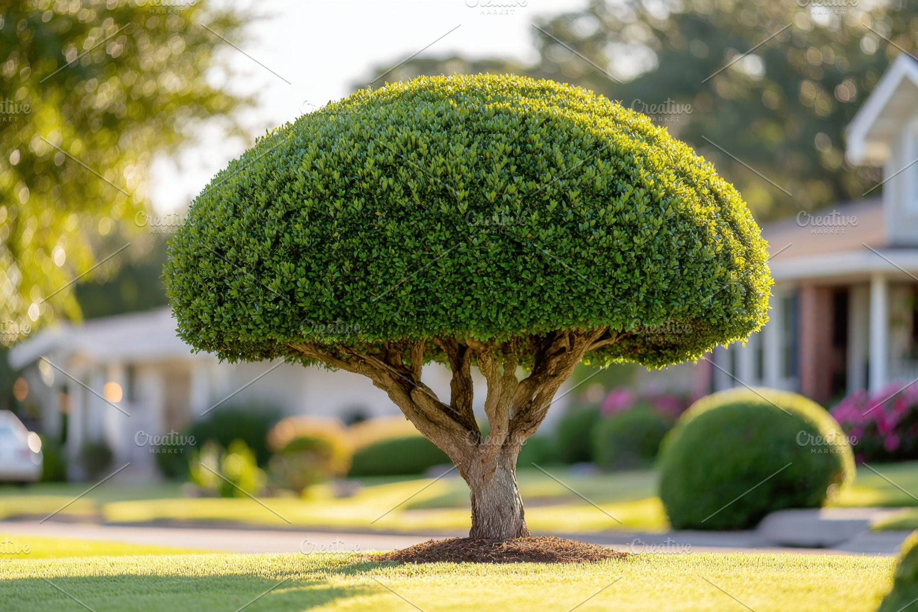 Beautifully trimmed green tree on the lawn in front of the house, a Nature Photo by AlyaAnd