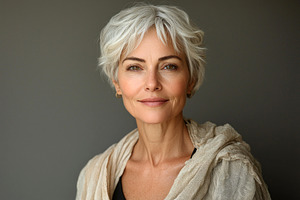 Elegant mature woman with short white hair wearing beige scarf s, a Person Photo by José Manuel Gelpi