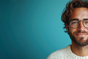 Smiling man with curly hair and beard wearing glasses and white, a Person Photo by José Manuel Gelpi