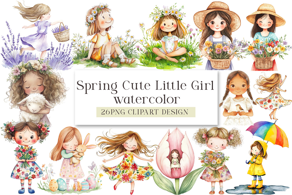Spring Cute Little Girl Clipart, a Seasonal Illustration by DreamArtGraphic (Photo 1 of 4)