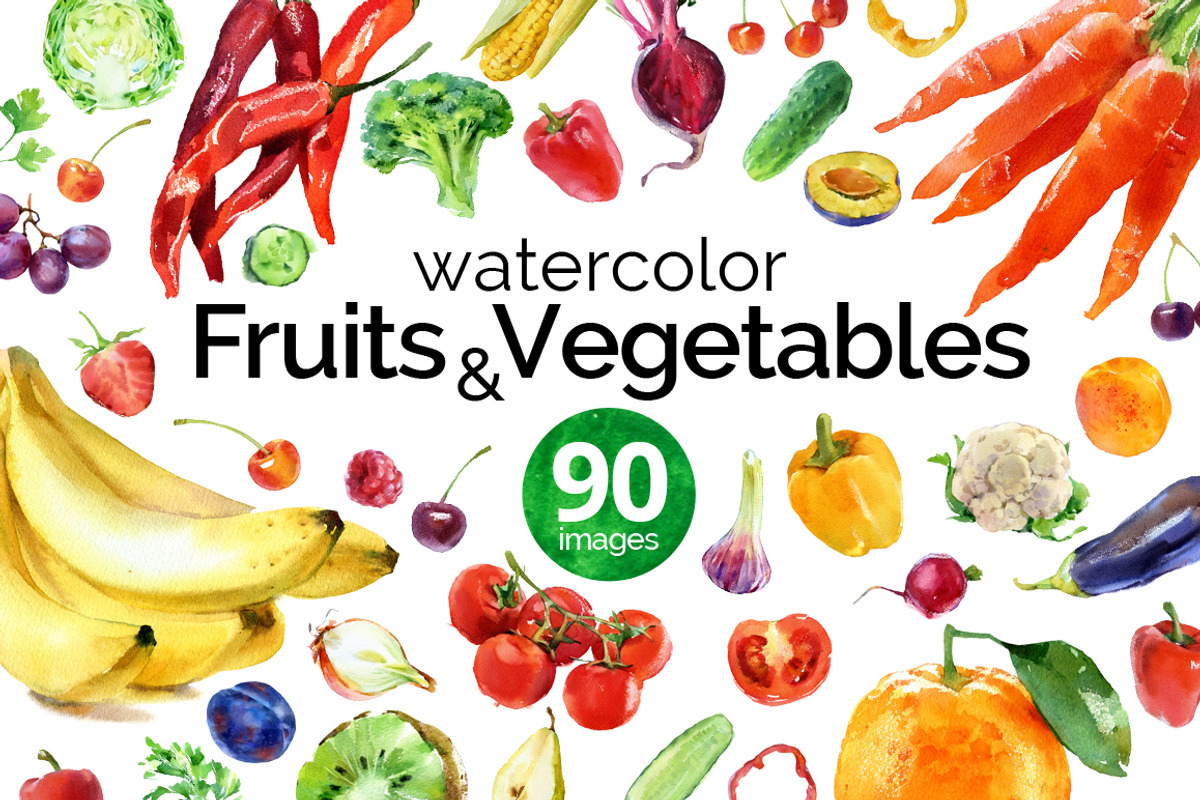 Fruits and vegetables. Watercolor, an Illustration by ognivo (Photo 1 of 4)