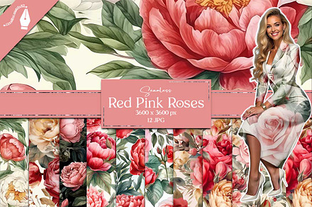 Pink Red Roses Digital Paper, Seamle, a Pattern Graphic by Creative Matrix82