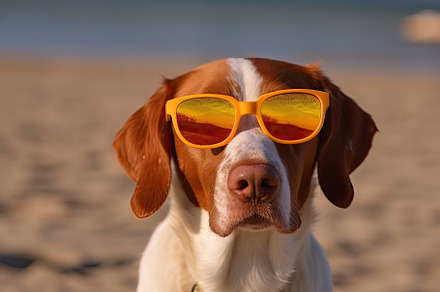 Funny dog with colorful glasses on the beach. Generative AI, an Animal Photo by José Manuel Gelpi