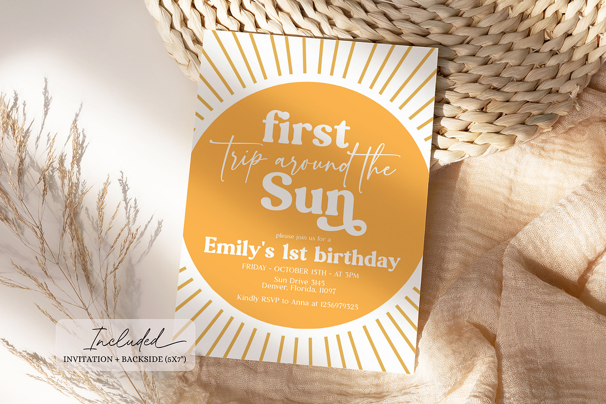 Sunshine First Birthday Invite, a Templates & Theme by VeliusCreativeStudio (Photo 2 of 3)