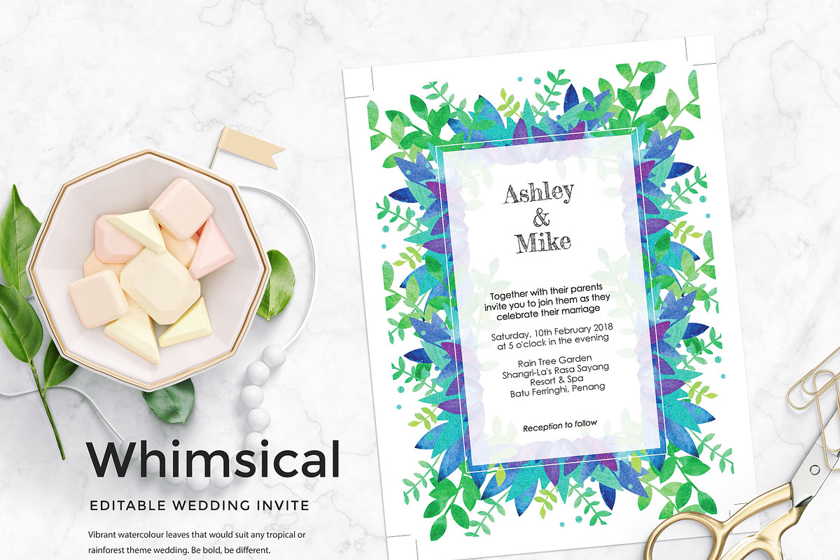 Watercolour Leaves Wedding Invite, an Invitation Template by Brush&Paper (Photo 1 of 3)