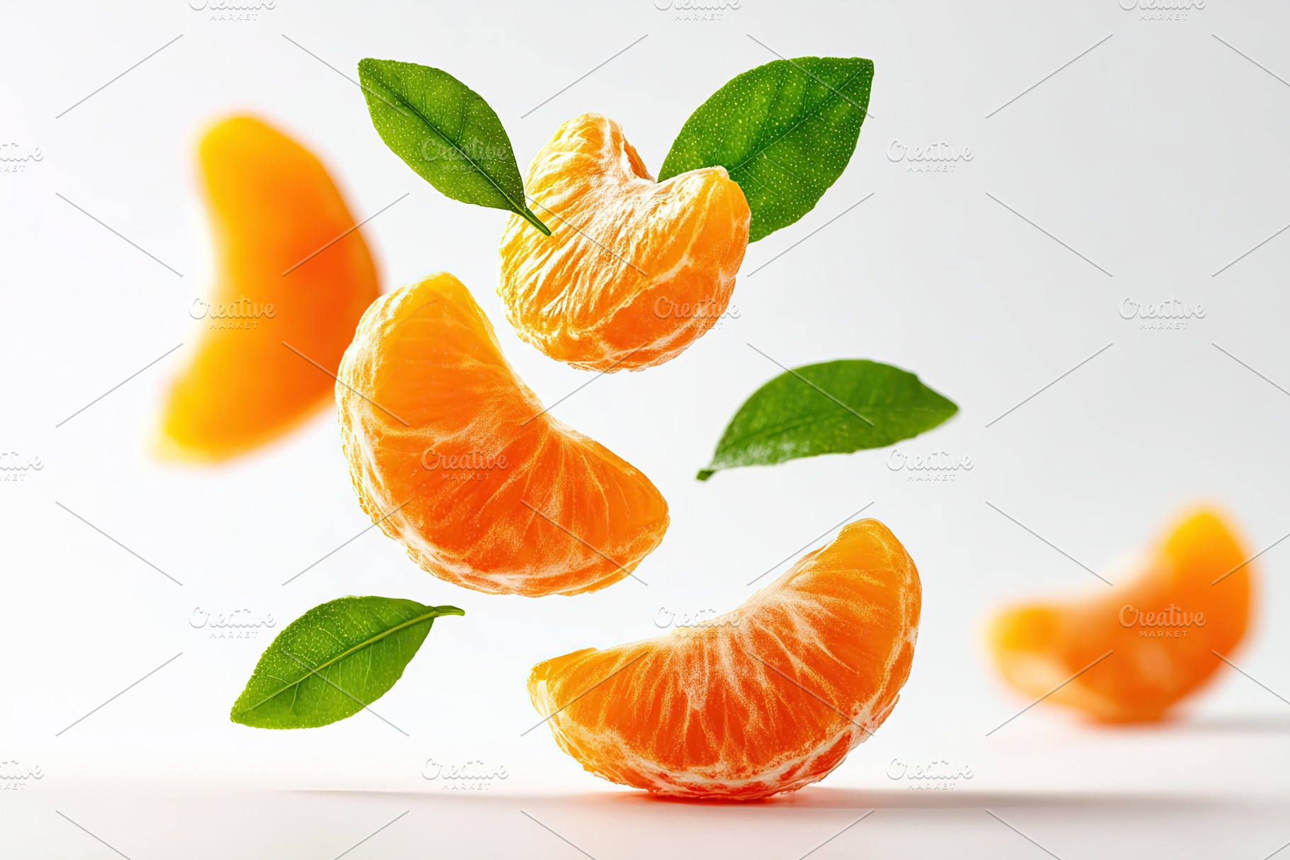 Peeled mandarin wedges and green leaves floating in mid-air, a Food & Drink Photo by AlyaAnd