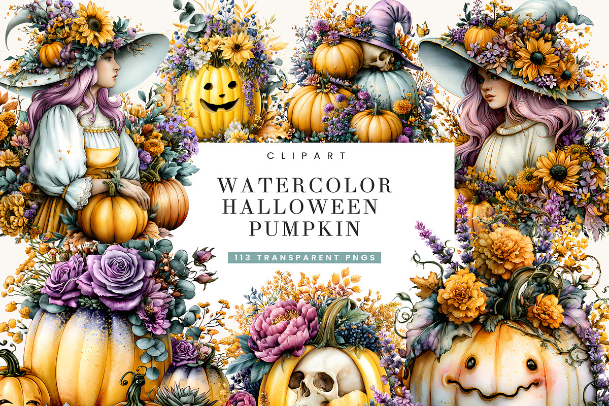 Watercolor Halloween Pumpkin Clipart, a Seasonal Illustration by BusyDaydesign (Photo 1 of 9)