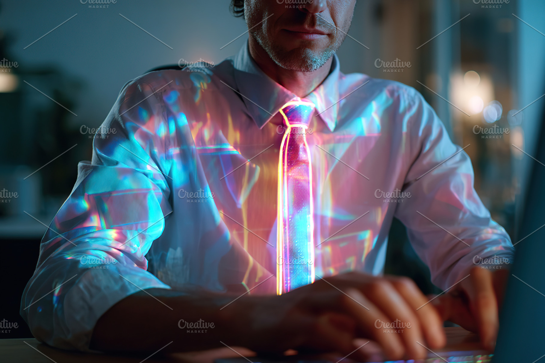 Businessman working at night with neon tie reflecting colorful lights in modern, a Photo by AlyaAnd