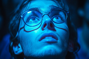 Young Man in Awe Under Dramatic Blue Lighting, an Abstract Photo by Natalia Klenova's Shop