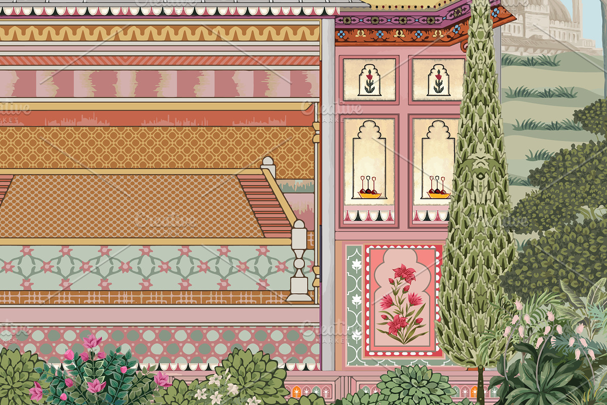 Mughal Miniature Palace Artwork, a Decorative Illustration by Mughal Wallpaper (Photo 3 of 5)