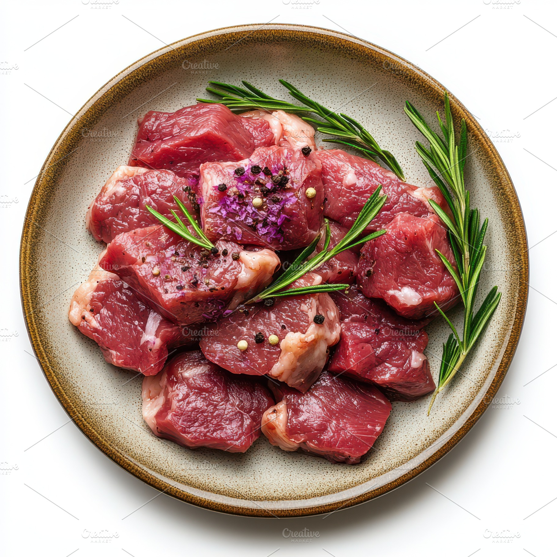 Fresh raw pork, meat steaks in ceram, a Food & Drink Photo by Pixeness Studio
