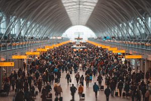 Airport terminal crowd many people w, a Photo by Pixeness Studio